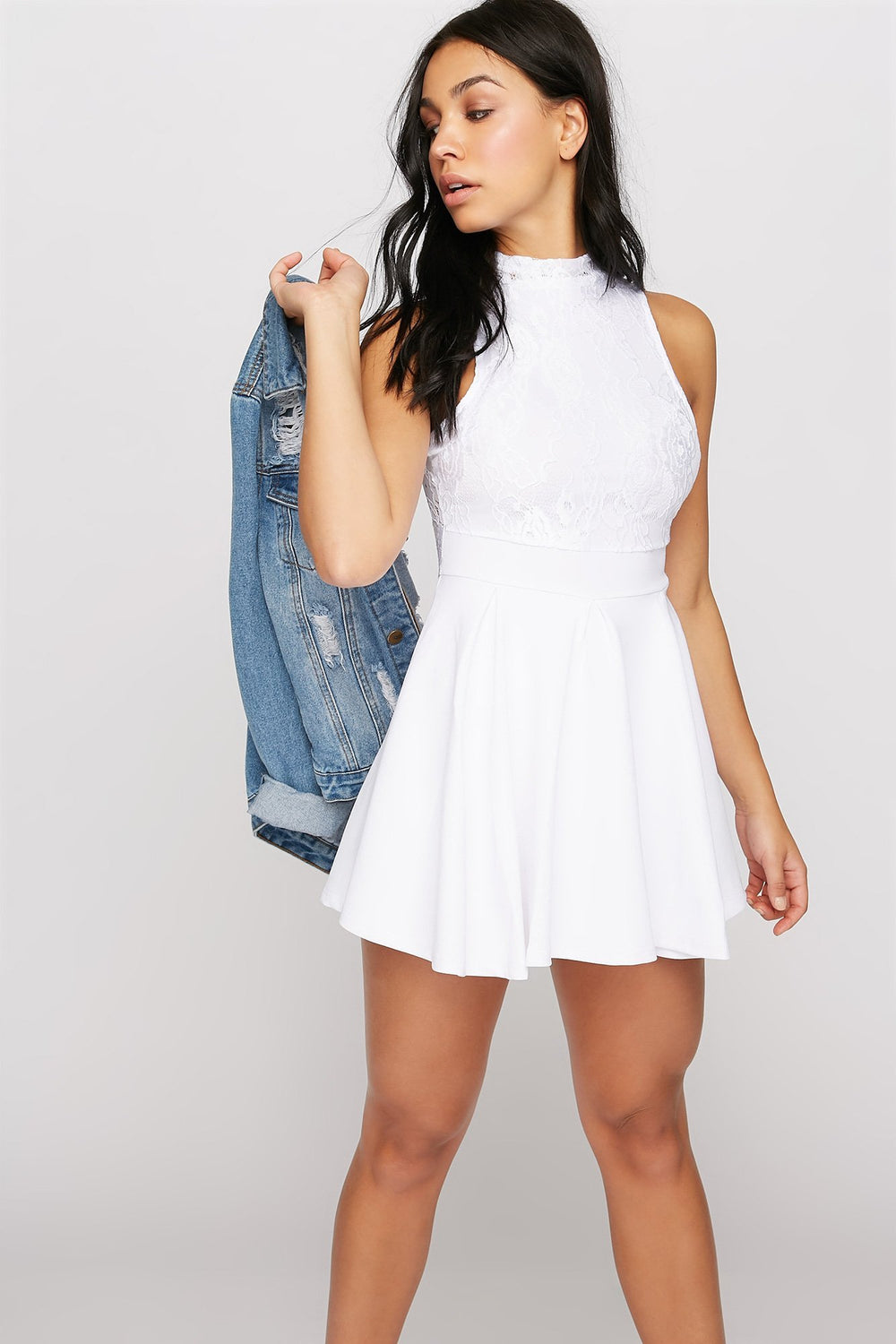 Women Lace Mock Neck Pleated Skort Romper White