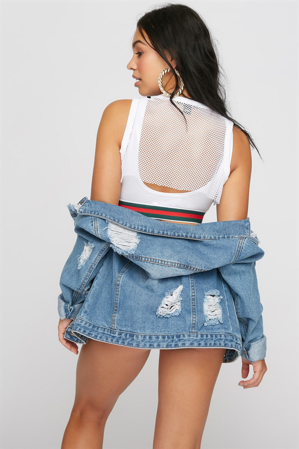 Women Layered Fishnet Striped Sports Bra White