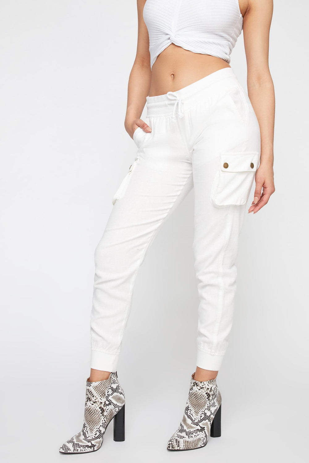 Women Linen Drawstring Cargo Jogger White
