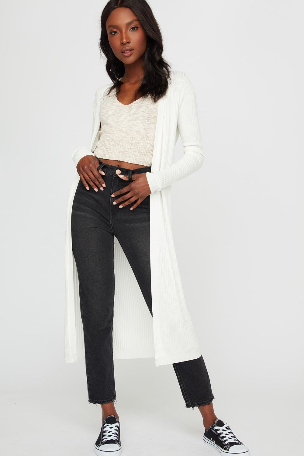 Women Longline Ribbed Open-Front Cardigan White