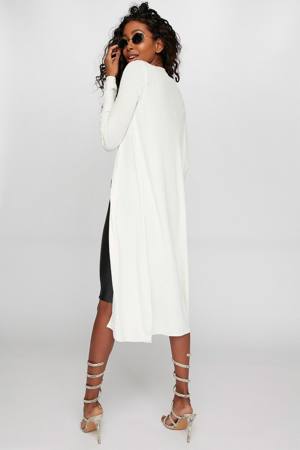 Women Longline Ribbed Side Slit Open-Front Cardigan White