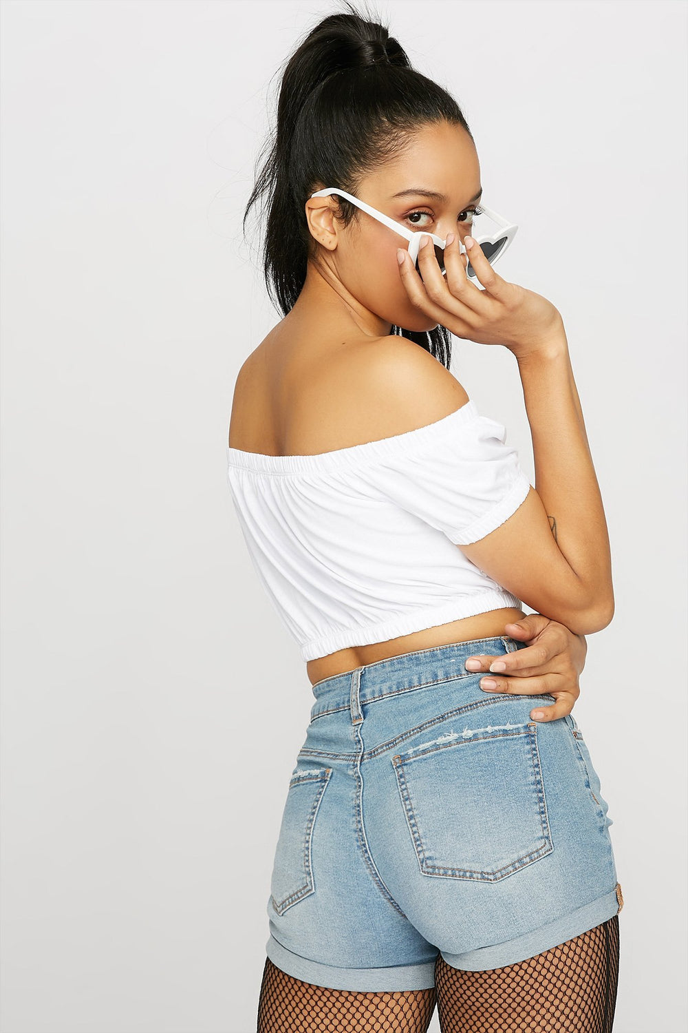 Women Off The Shoulder Cinched Cropped T-Shirt White