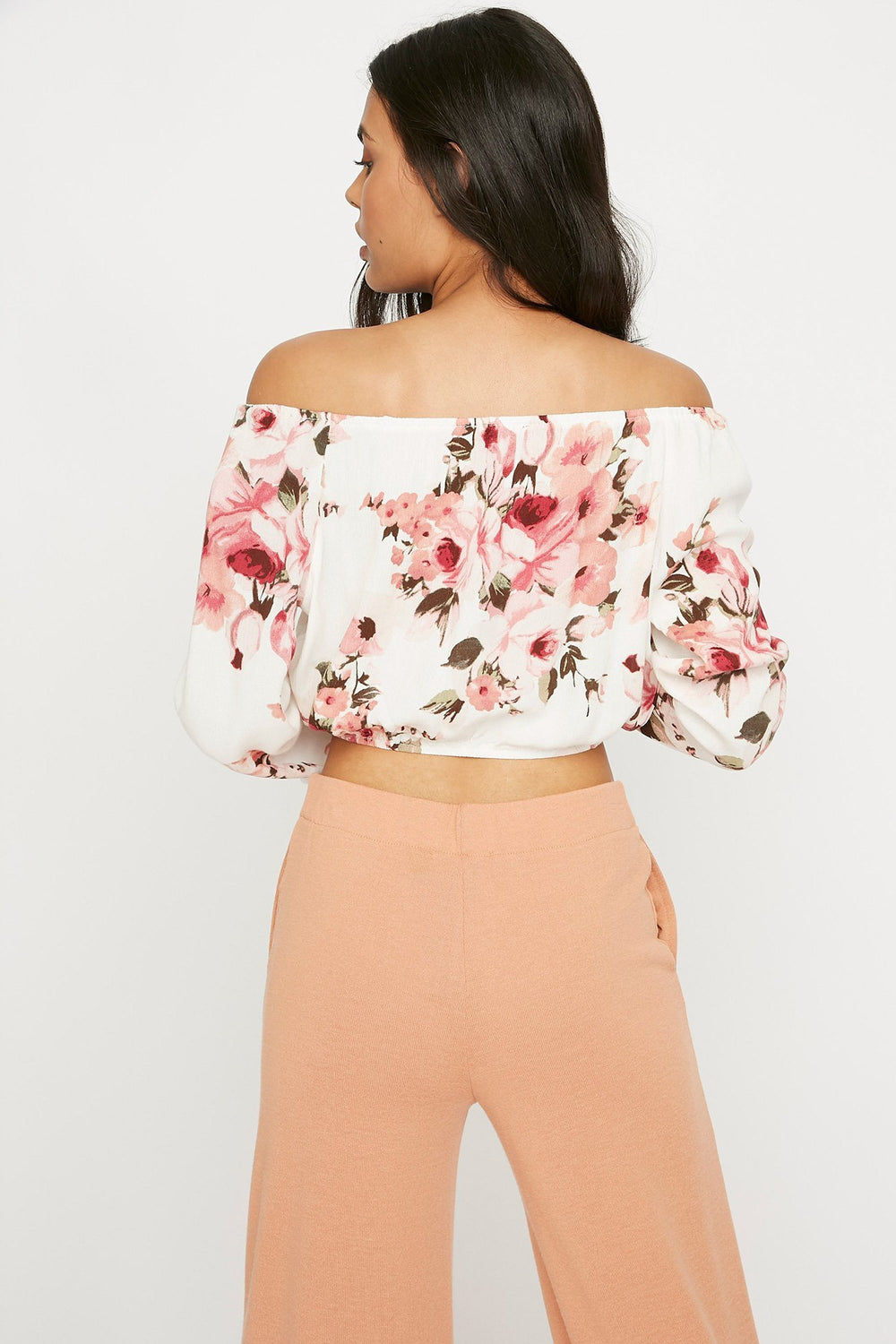 Women Off The Shoulder Cropped Cinched Printed Drawstring Blouse White