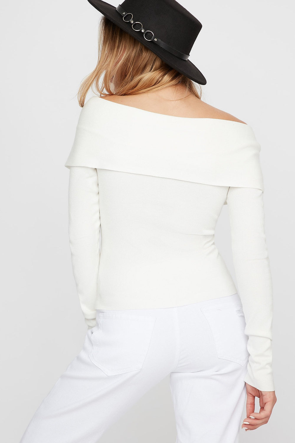 Women Off The Shoulder Cross-Front Ribbed Long Sleeve White