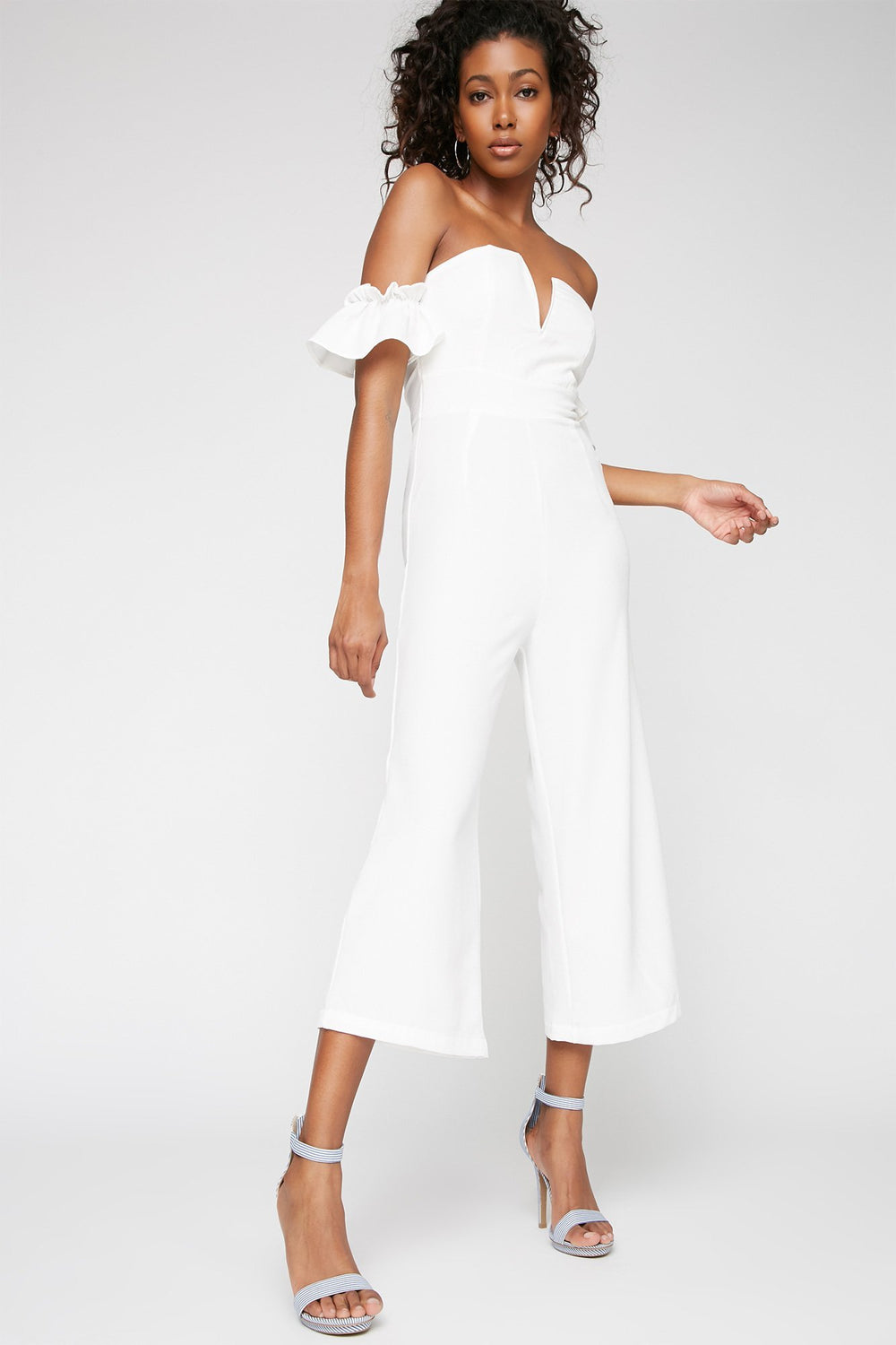 Women Off The Shoulder Ruffle Bell Sleeve Culotte Jumpsuit White