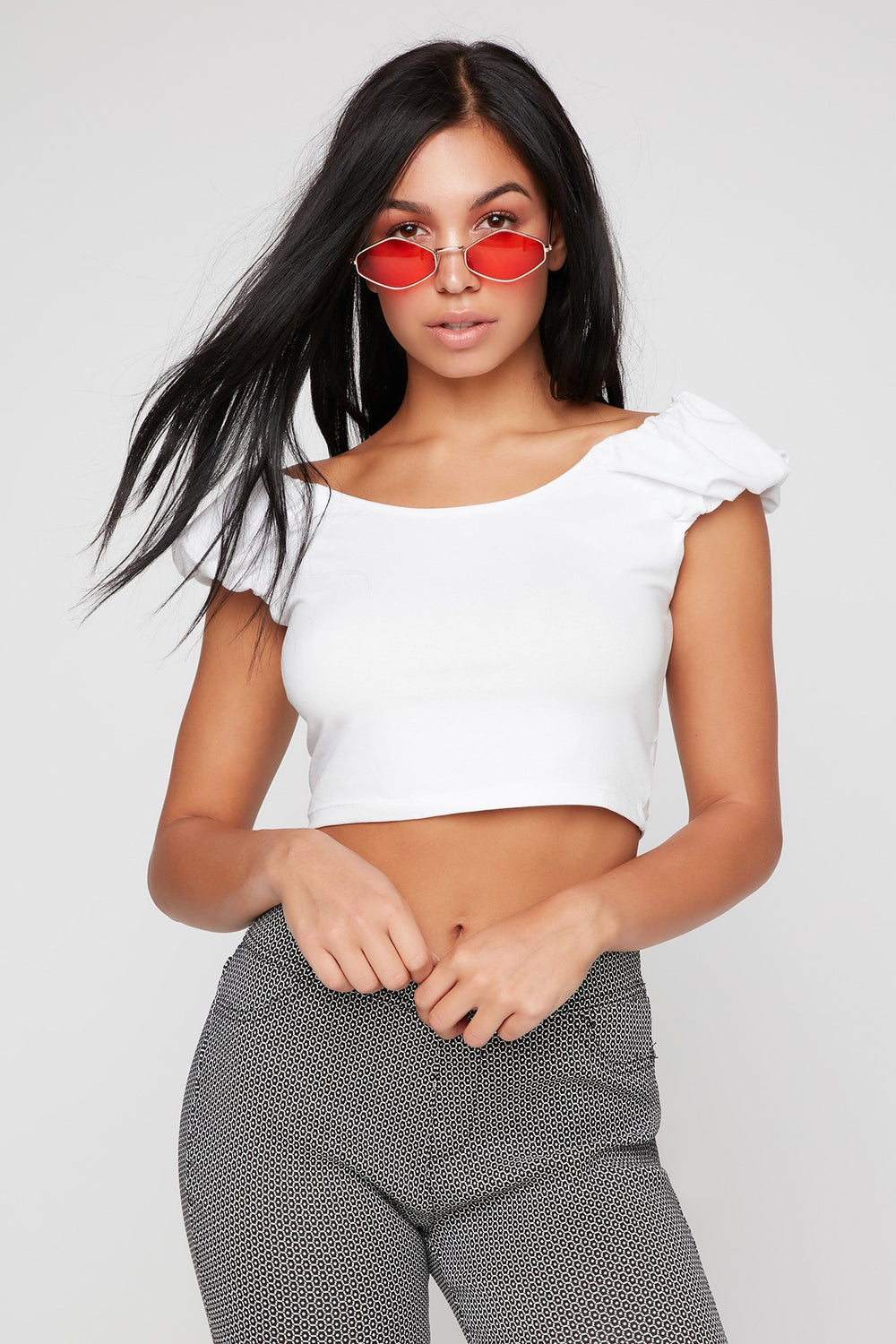 Women Off The Shoulder Ruffle Cropped T-Shirt White