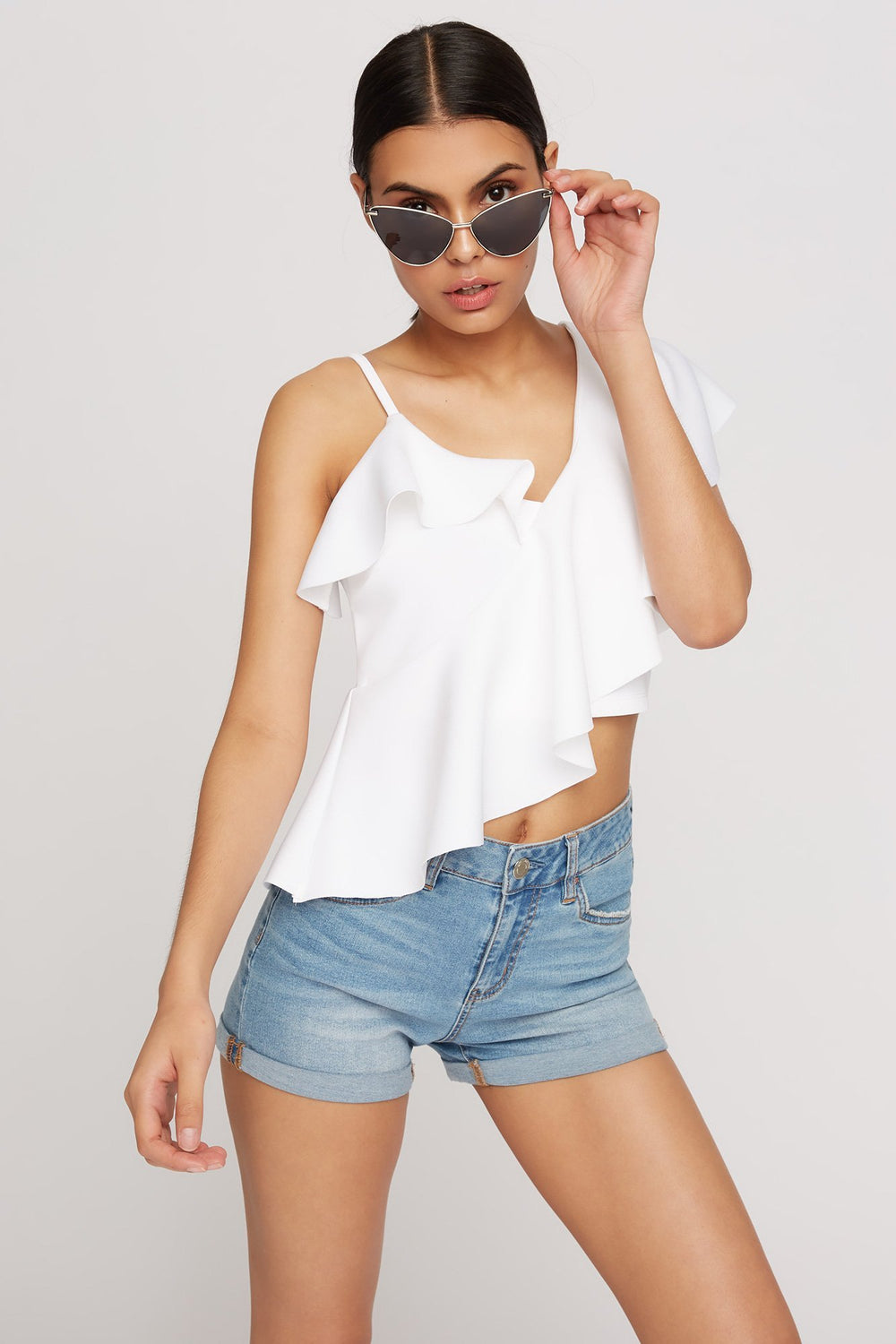 Women One Shoulder Ruffle Scuba Asymmetrical Cropped Blouse White