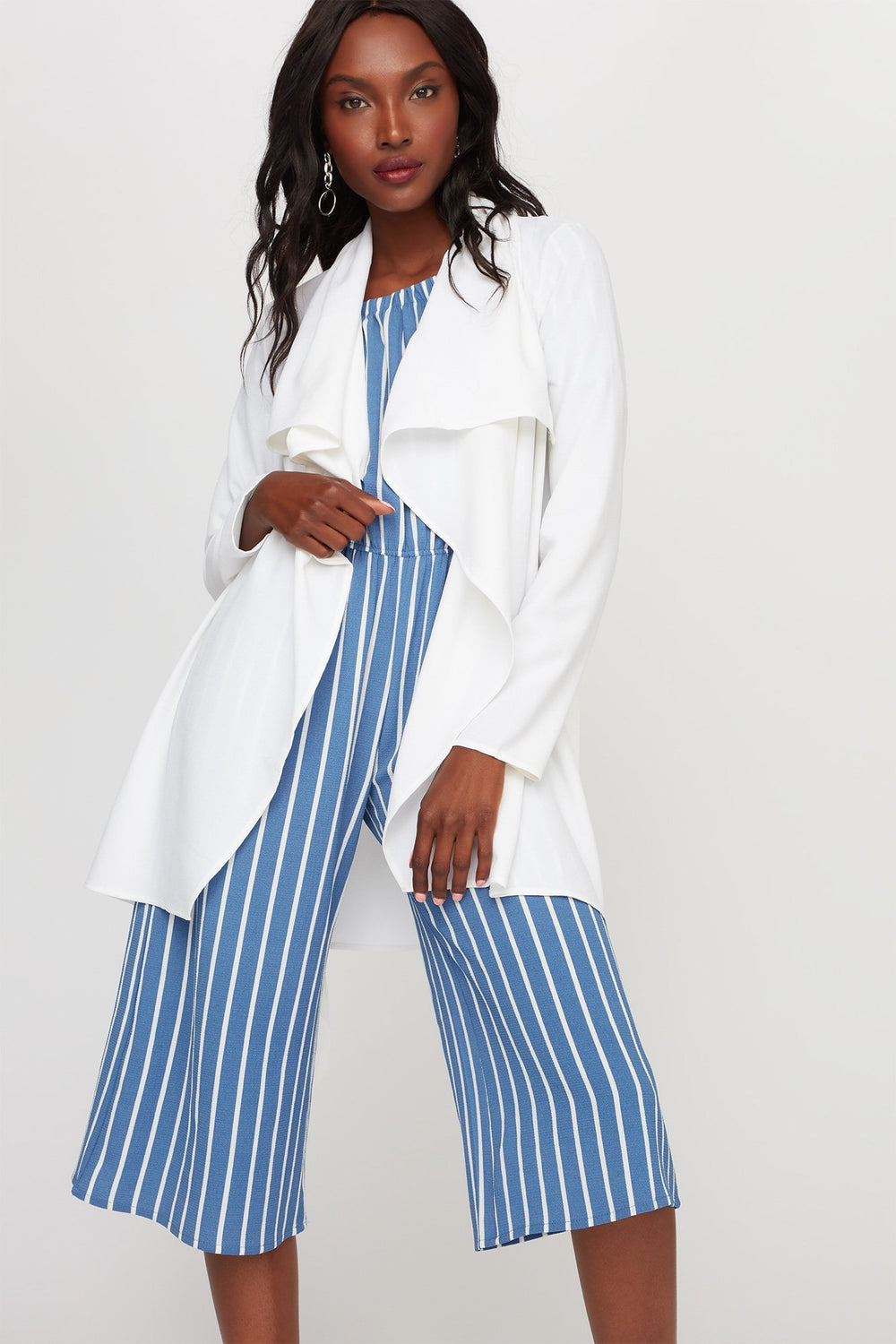 Women Open-Front Waterfall Belted Blazer White