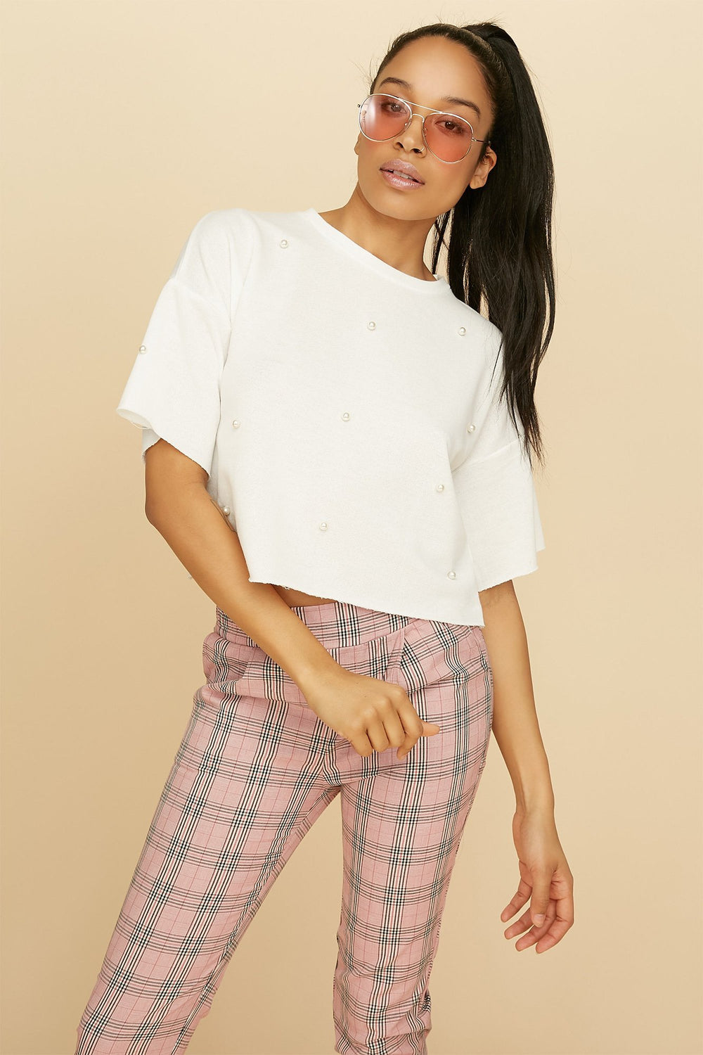 Women Pearl Cropped Popover Sweater White