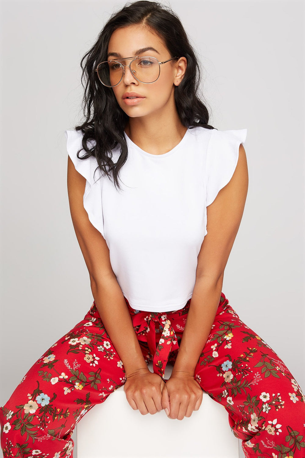 Women Ruffle Cropped Sweater White