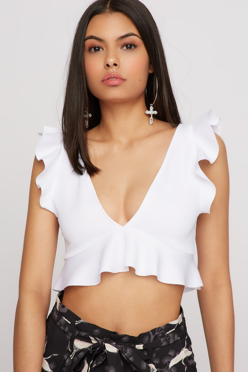 Women Scuba V-Neck Ruffle Cropped Blouse White