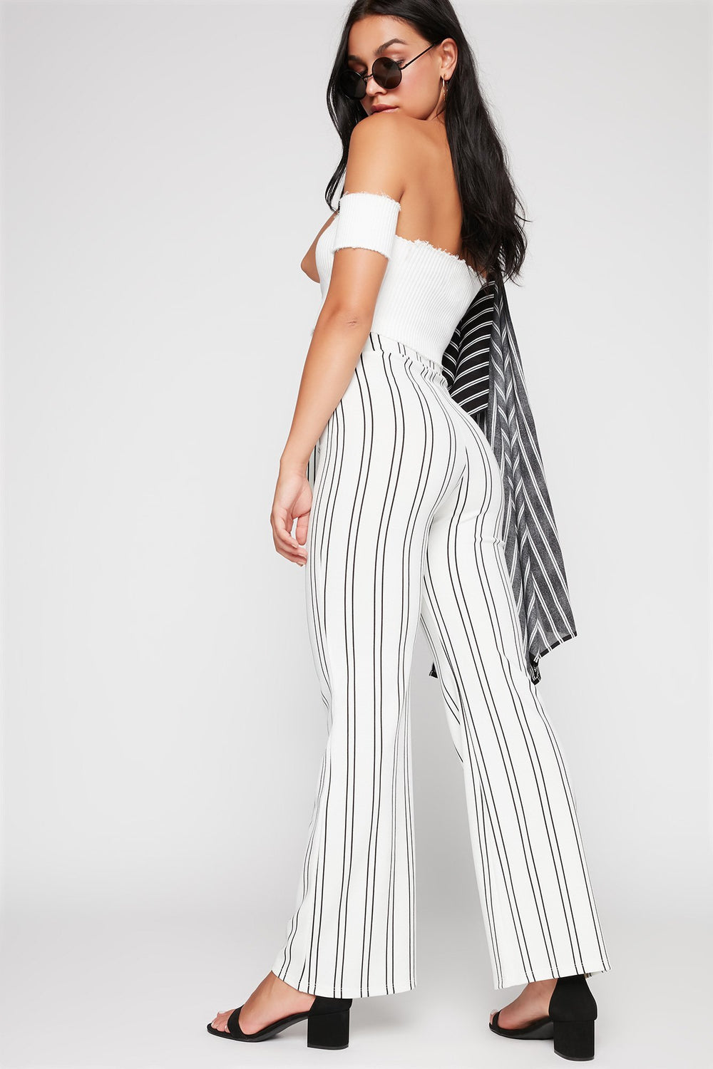 Women Striped High-Rise Self-Tie Wide Leg Pant White