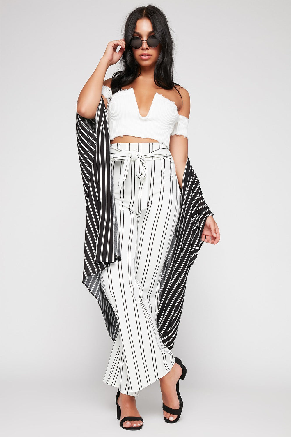 Women Striped High-Rise Self-Tie Wide Leg Pant White