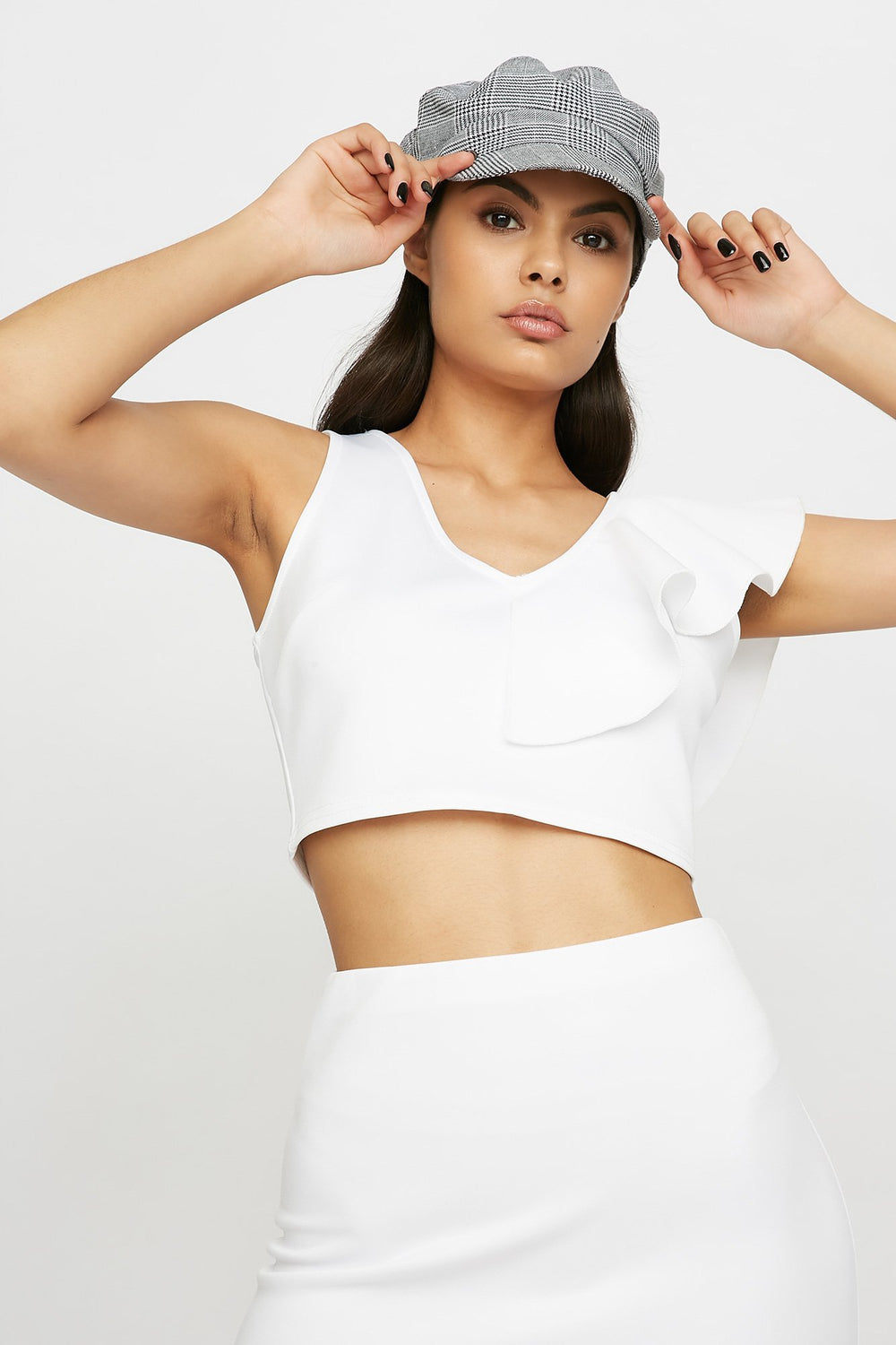 Women V-Neck Ruffle Cropped Tank White