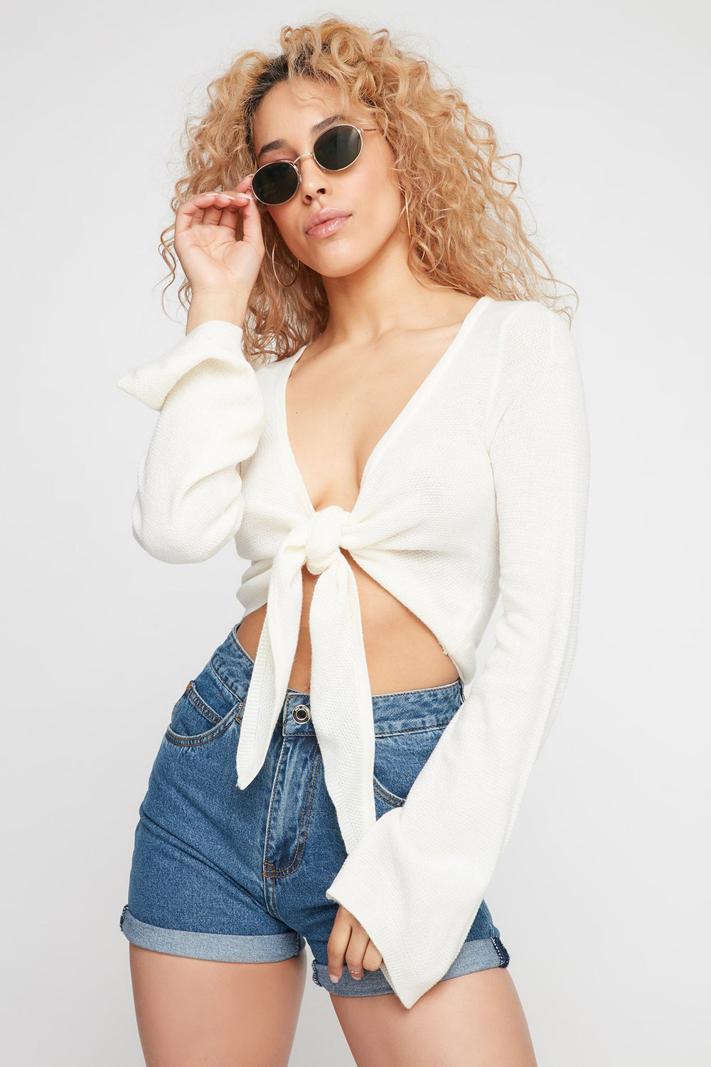 Women V-Neck Self-Tie Cropped Knit Sweater White