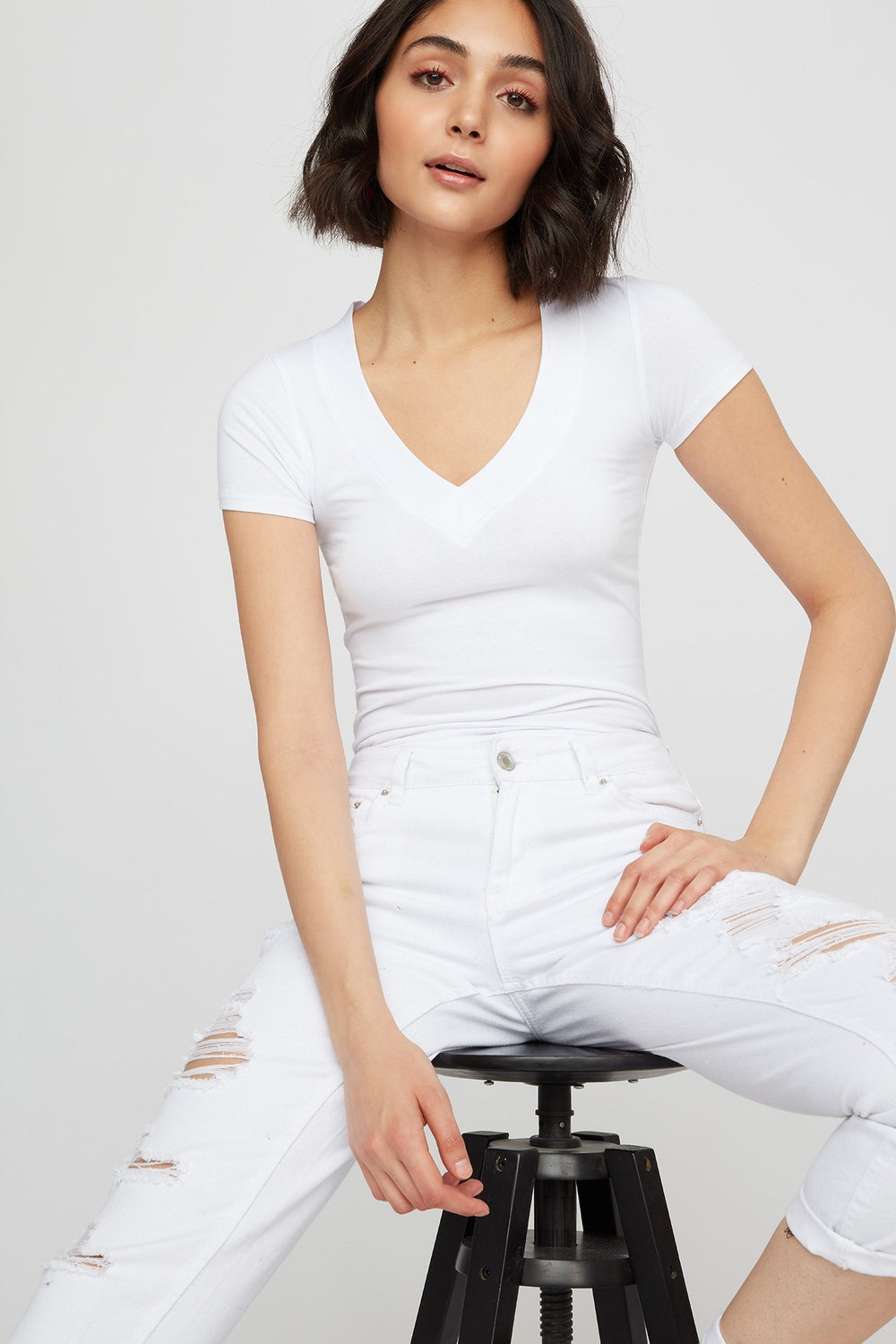 Women Basic V-Neck T-Shirt White
