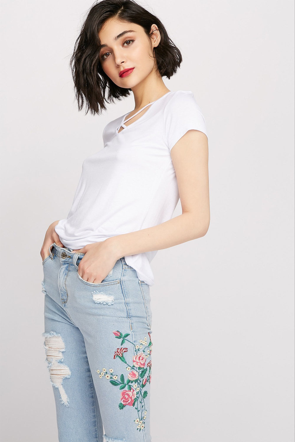 Women Caged Scoop Neck T-Shirt White