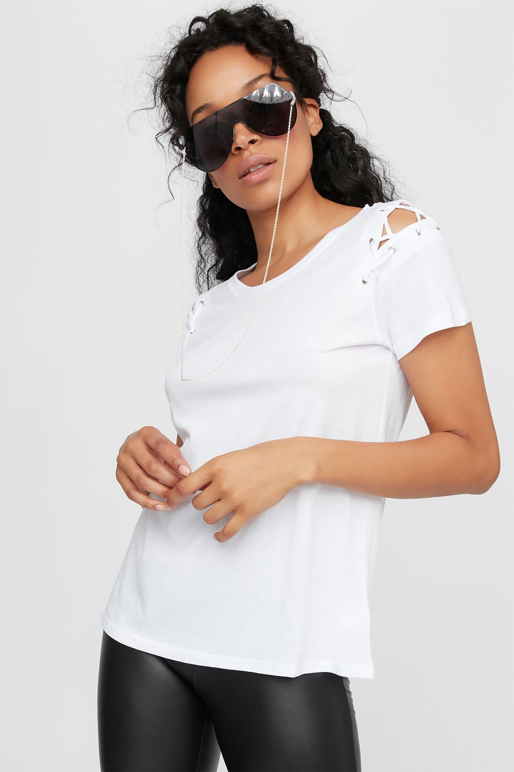 Women Caged Shoulder T-Shirt White