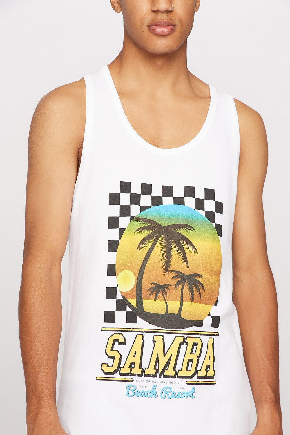 Men Checkered Palm Tree Samba Beach Graphic Tank White