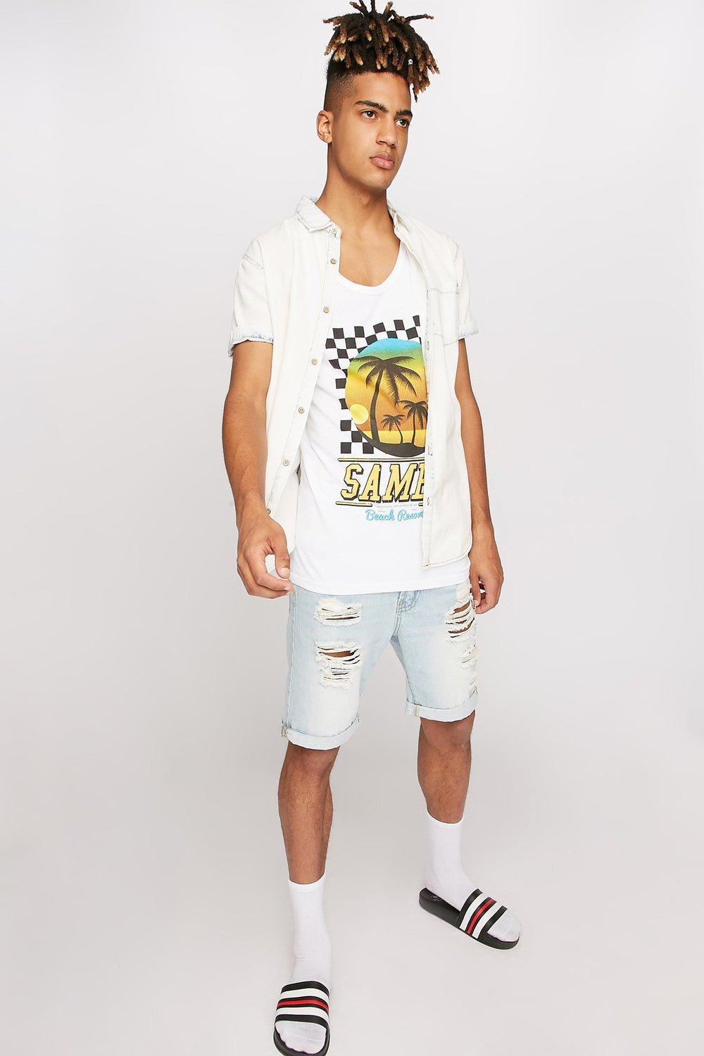 Men Checkered Palm Tree Samba Beach Graphic Tank White