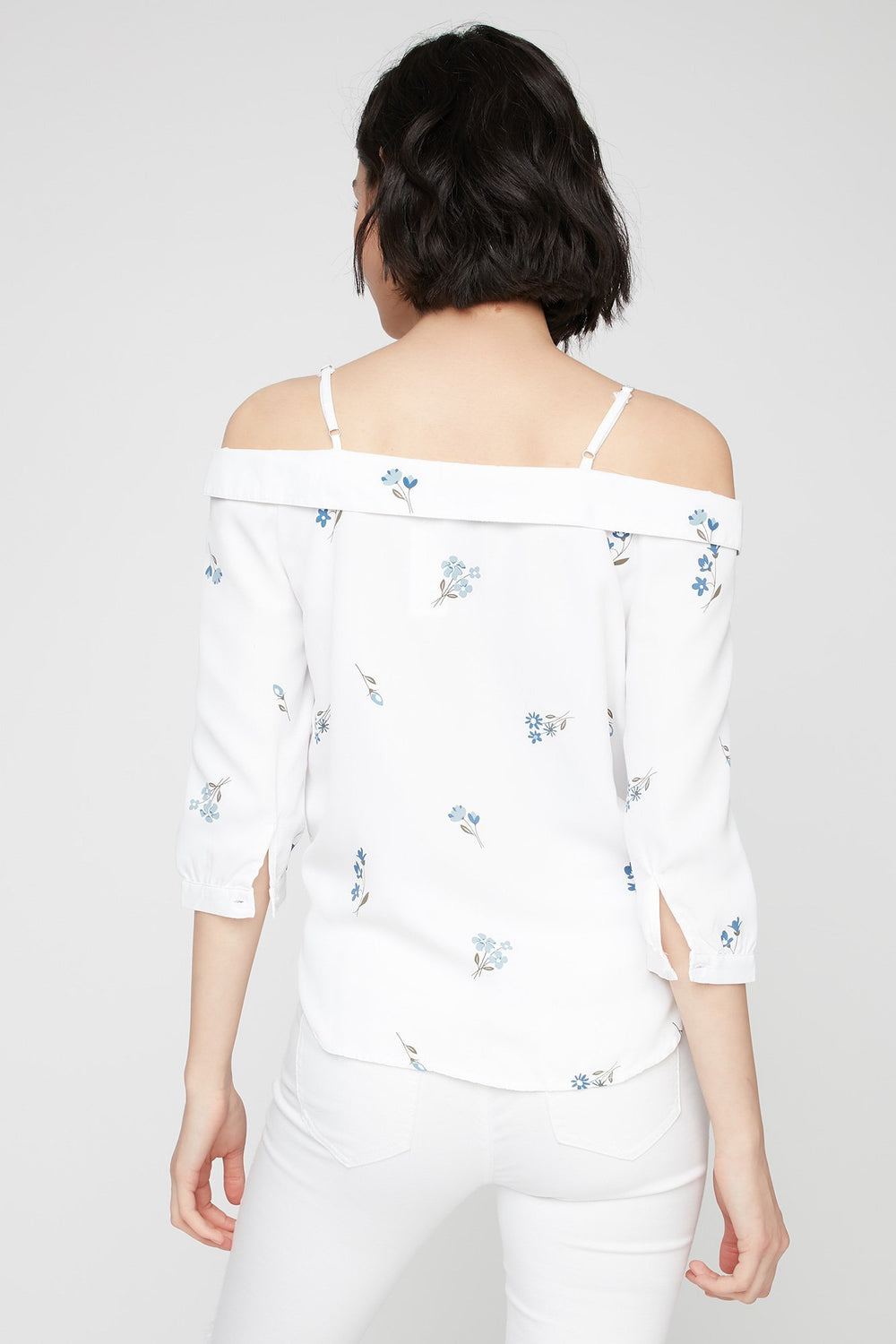 Women Cold Shoulder Floral Front-Knot Button-Up Blouse White