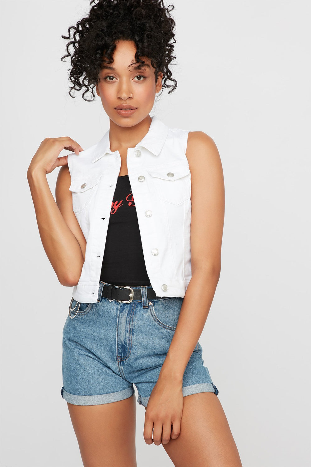 Women Cropped Classic Denim Vest White