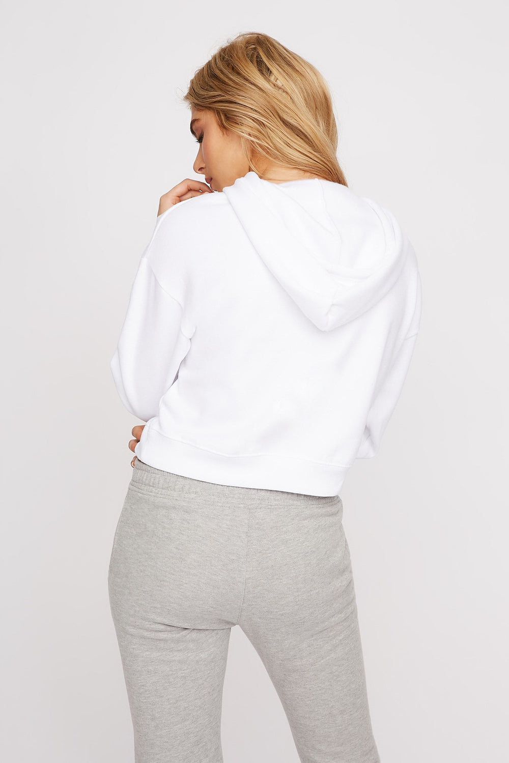 Women Cropped Fleece Popover Drawstring Hoodie White