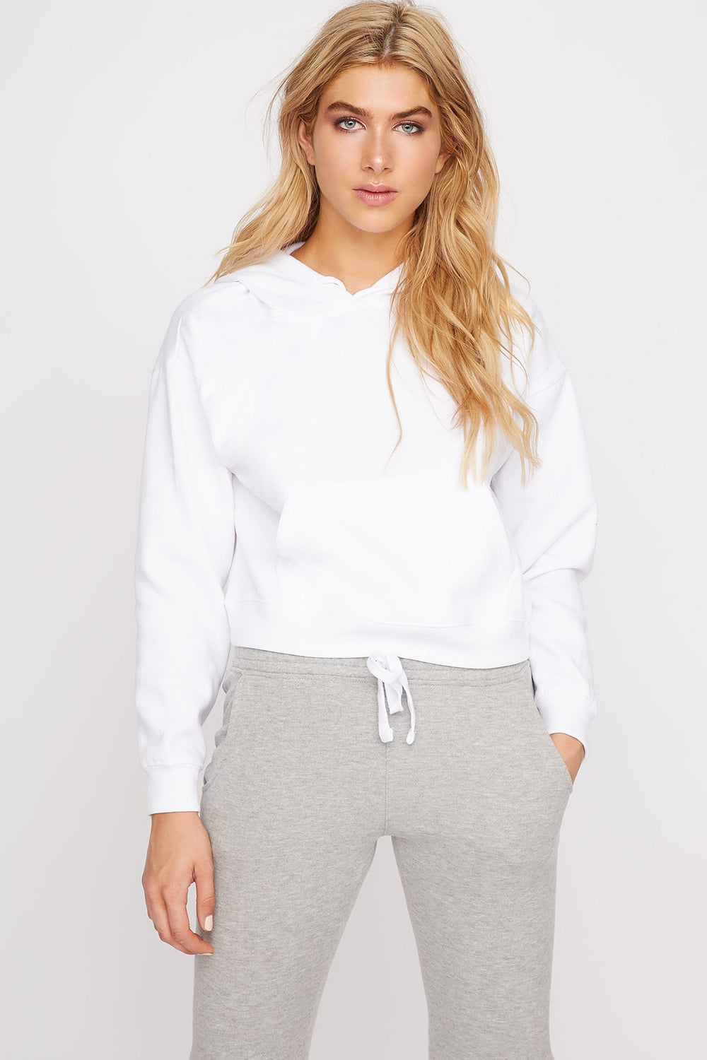 Women Cropped Fleece Popover Drawstring Hoodie White
