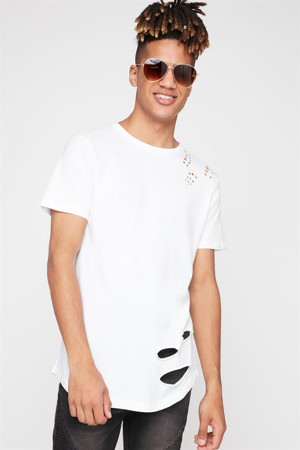 Men Distressed Crewneck T-Shirt White