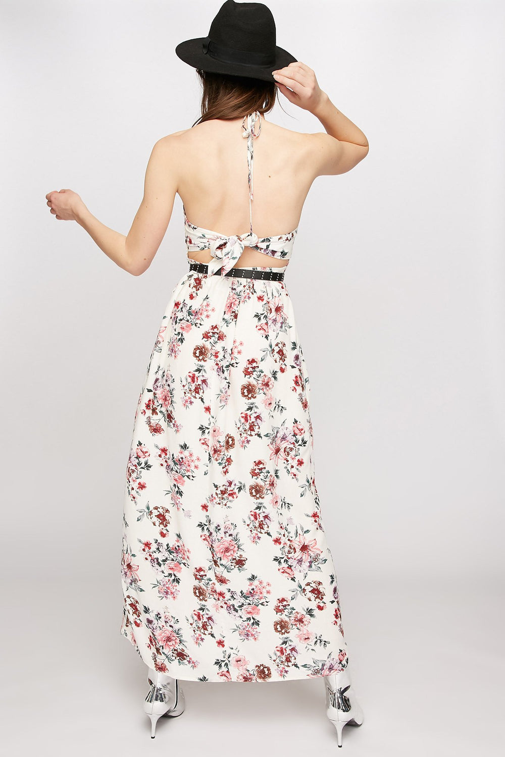 Women Floral Halter Open-Back Maxi Dress White