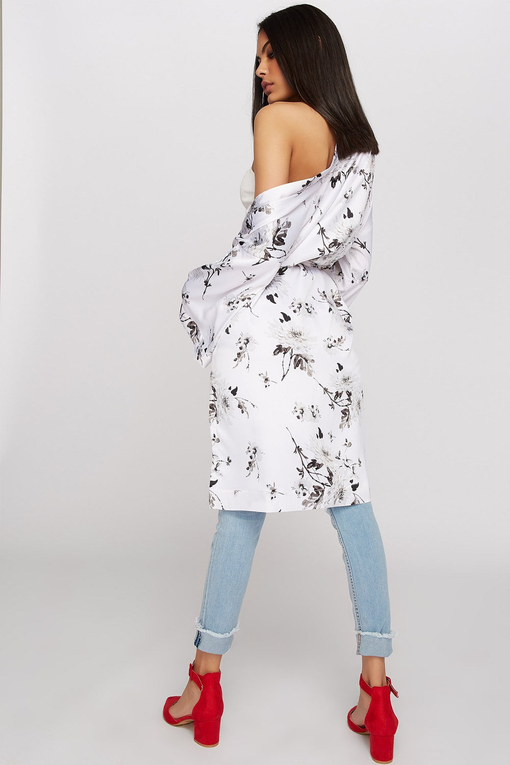 Women Floral Longline Slit Self-Tie Kimono White