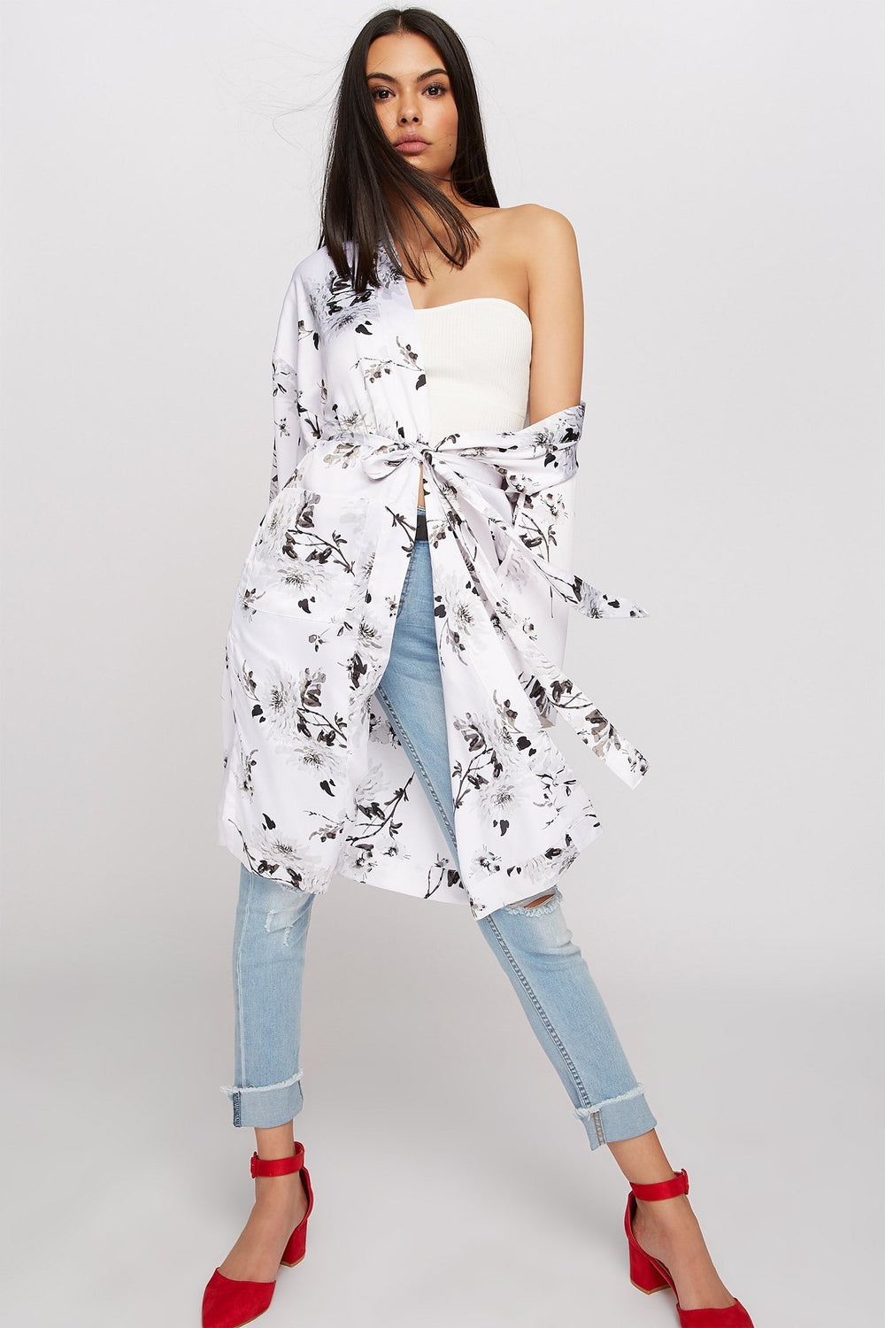 Women Floral Longline Slit Self-Tie Kimono White