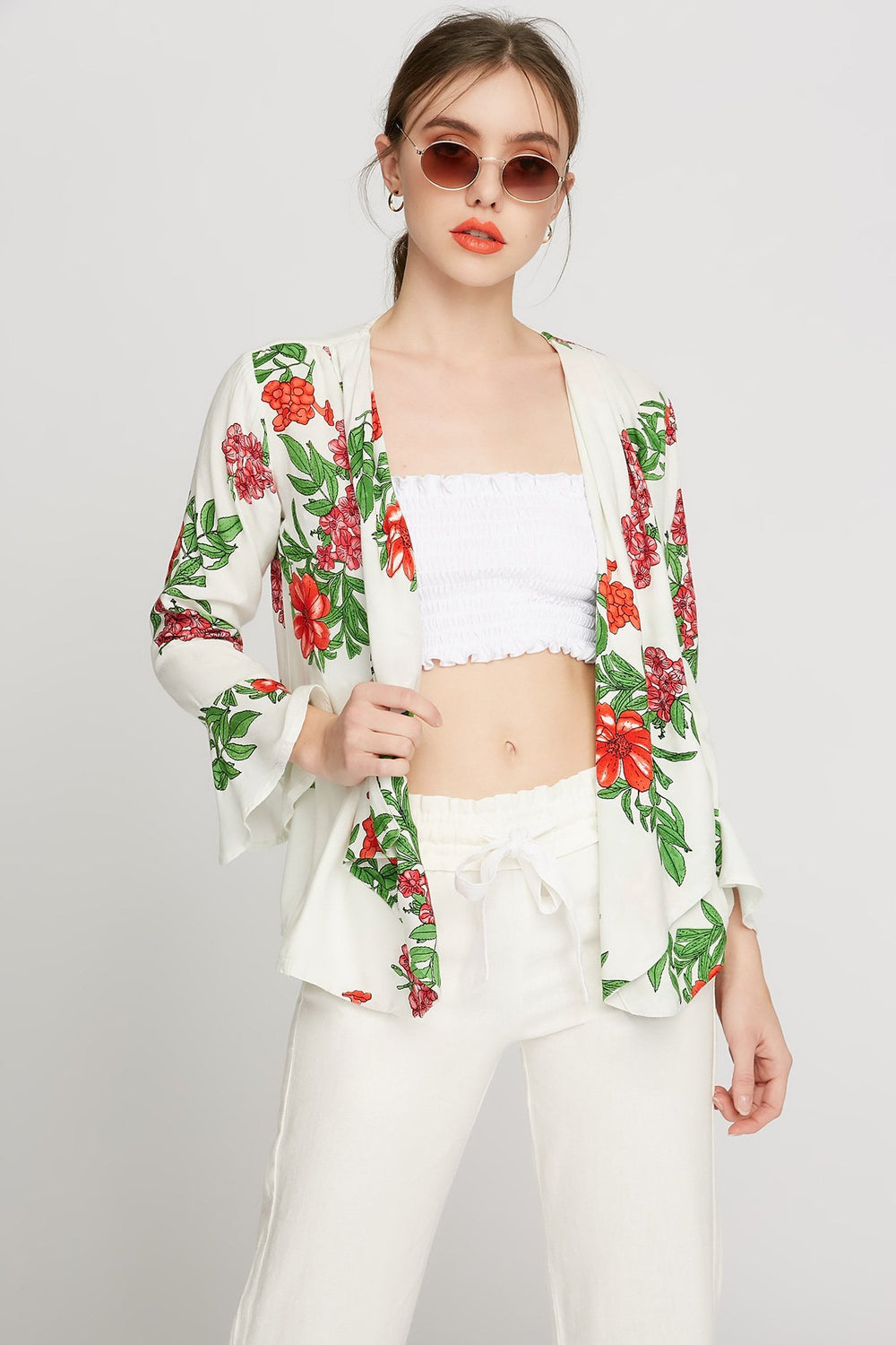 Women Floral Open-Front Bell Sleeve Kimono Cardigan White