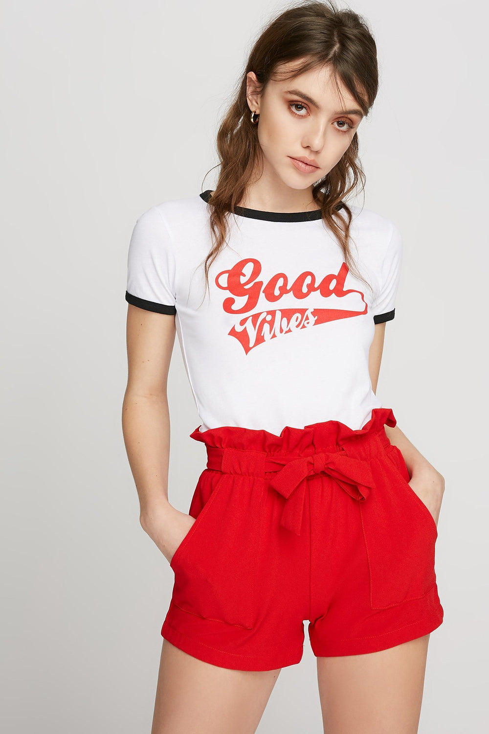Women Good Vibes Graphic Ringer T-Shirt White