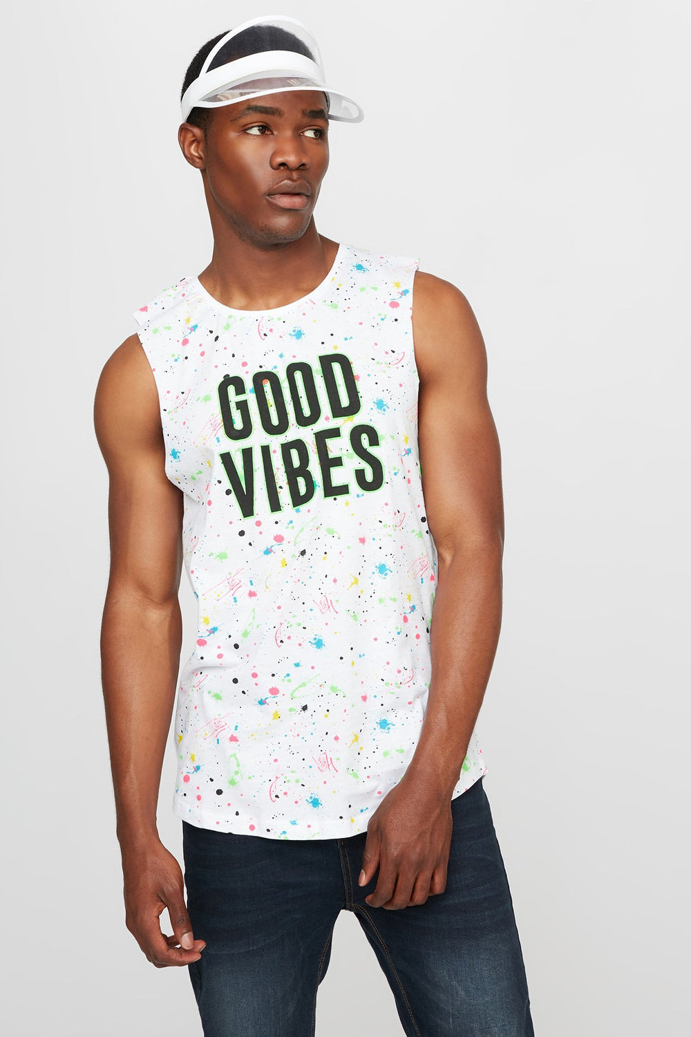 Men Good Vibes Paint Splatter Graphic Tank White