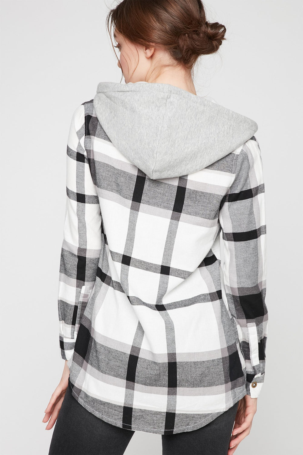Women Hooded French Terry Plaid Button-Up Shirt White
