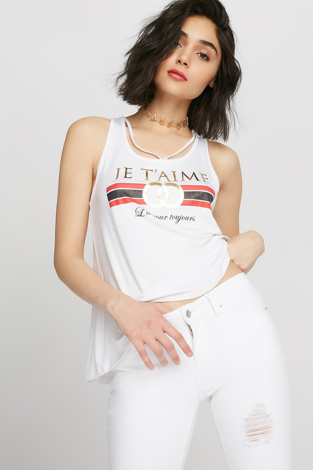 Women Je T'aime Caged V-Neck Graphic Tank White