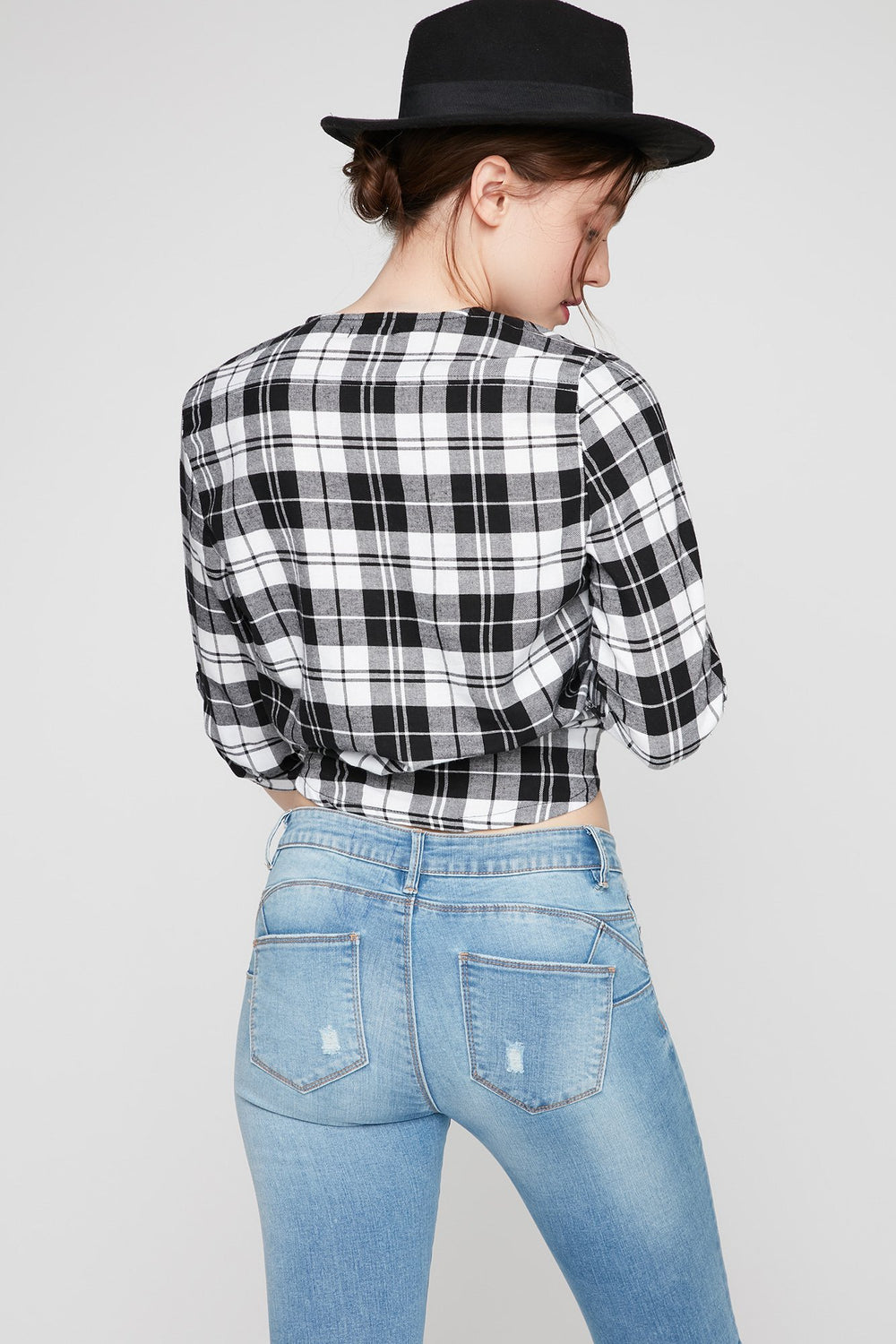 Women Lace-Up Front Plaid Button-Up Blouse White