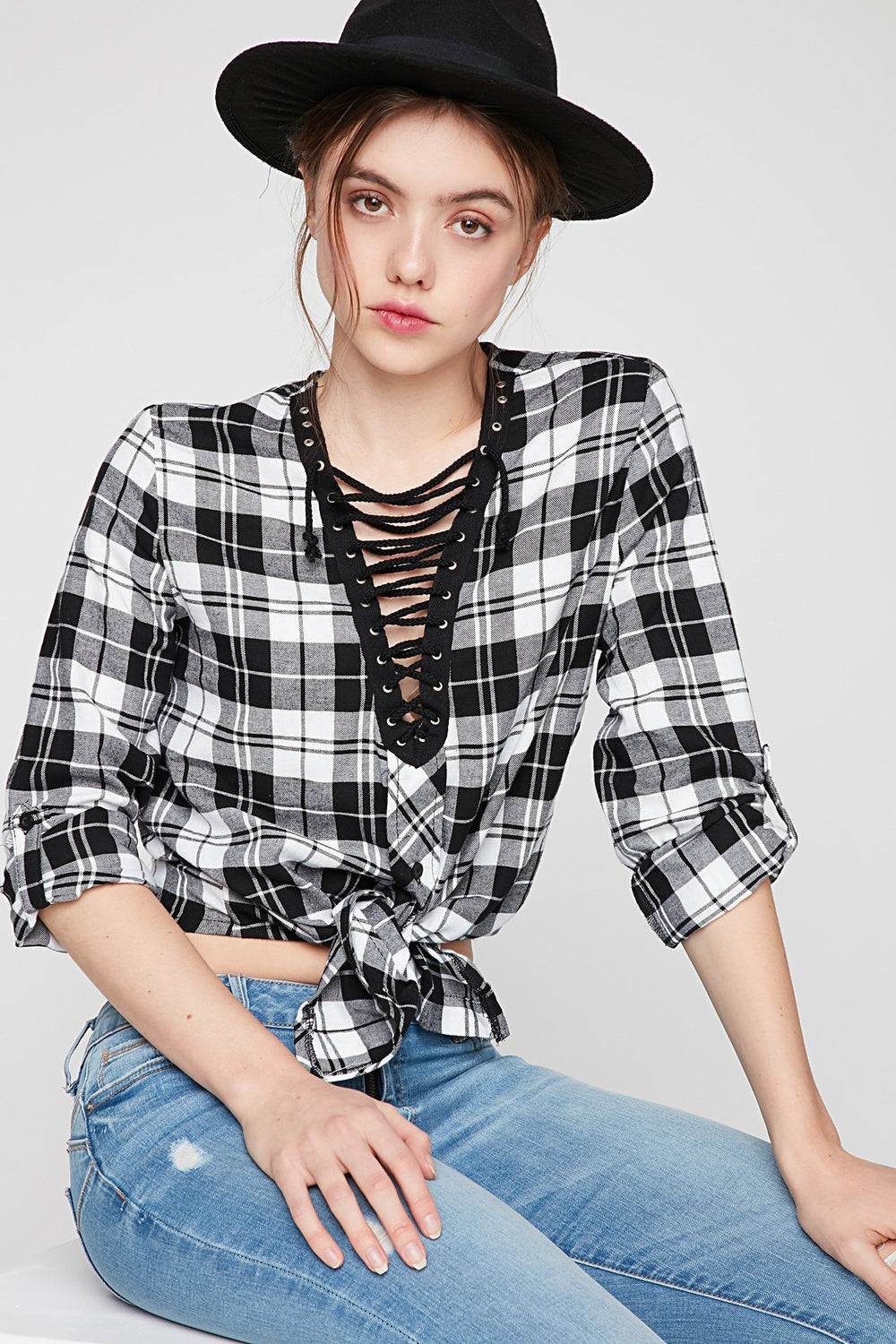 Women Lace-Up Front Plaid Button-Up Blouse White