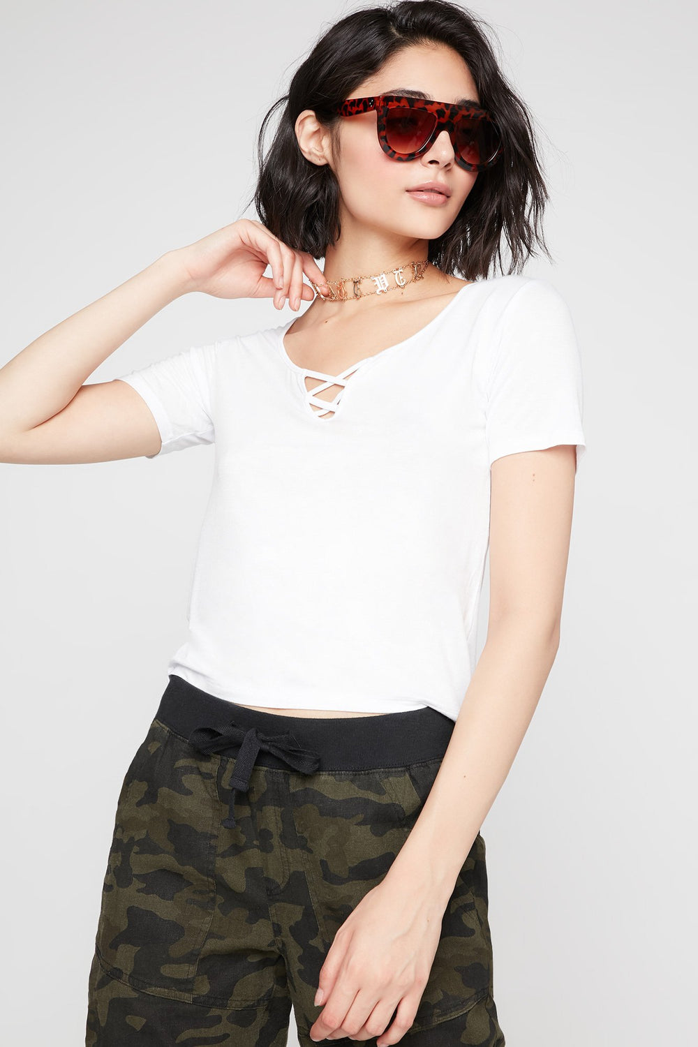 Women Lightweight Caged Neck T-Shirt White