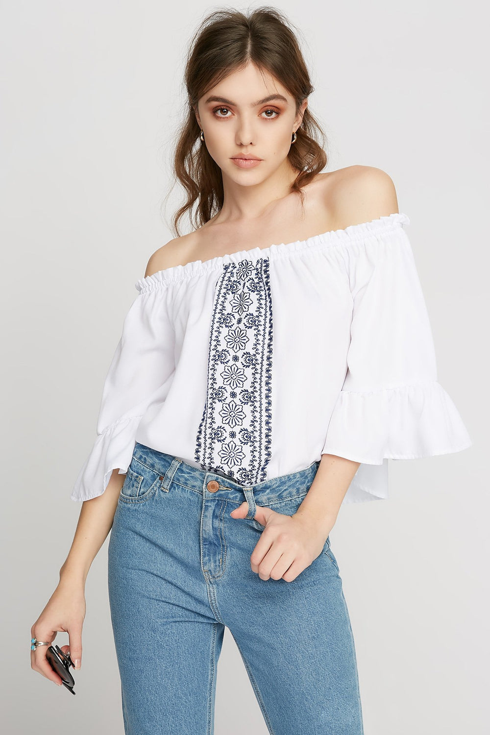 Women Off The Shoulder Embroidered Ruffle Bell Sleeve Blouse White