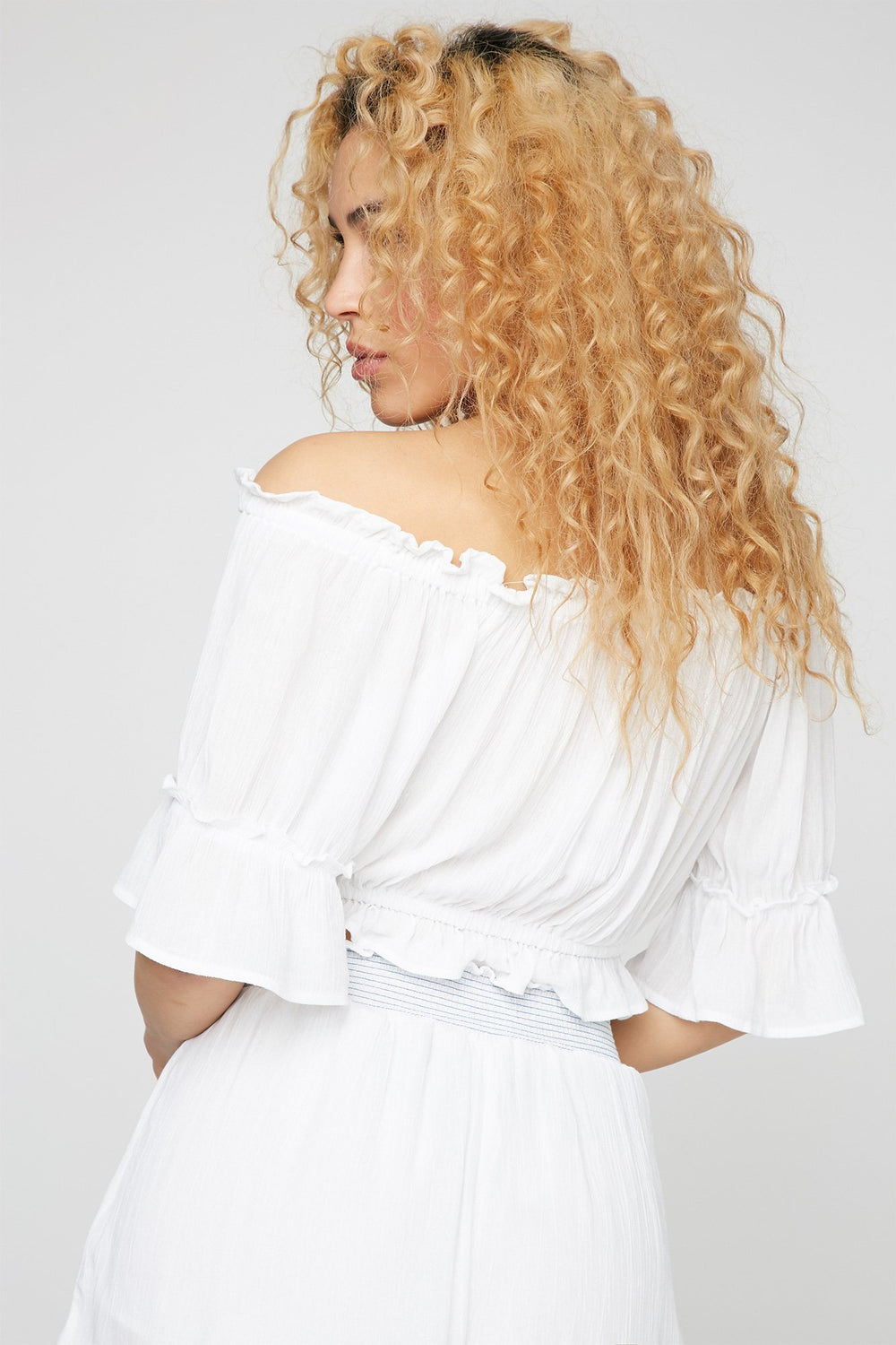 Women Off The Shoulder Embroidered Ruffle Sleeve Lace-Up Cropped Blouse White