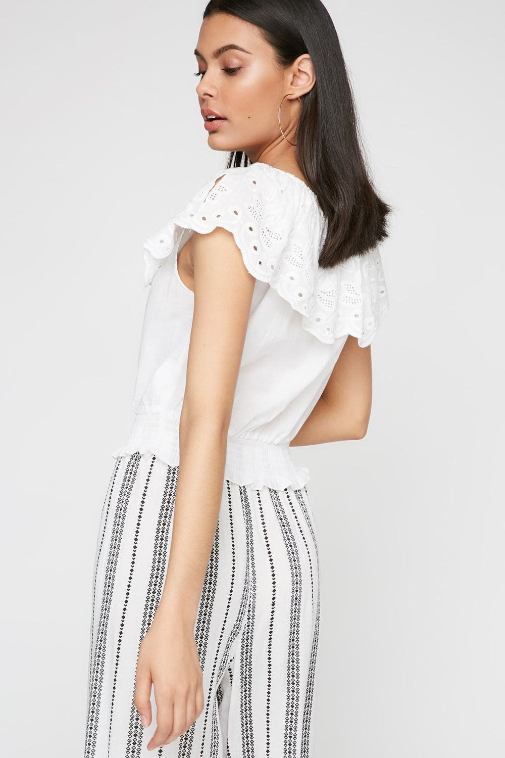 Women Off The Shoulder Ruffle Crochet Smocked Cinched Blouse White
