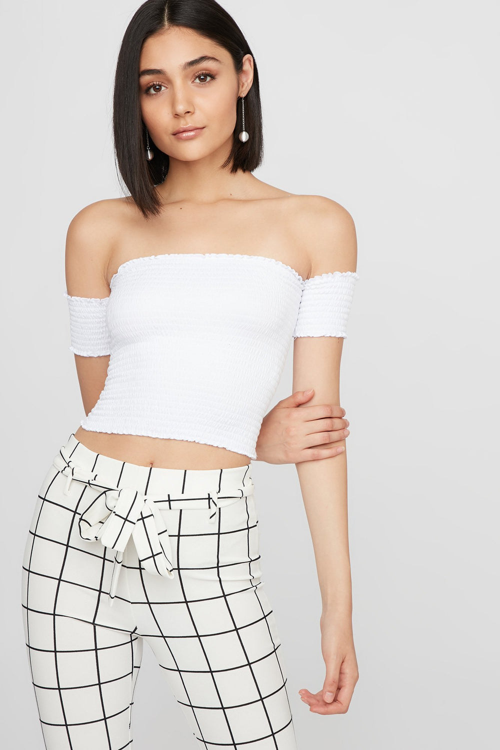 Women Off The Shoulder Smocked Cropped Top White