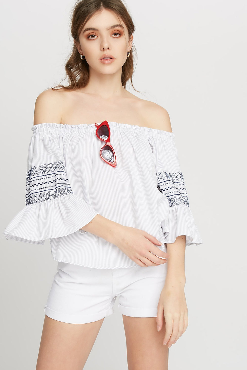 Women Off The Shoulder Striped Embroidered Ruffle Bell Sleeve Blouse White