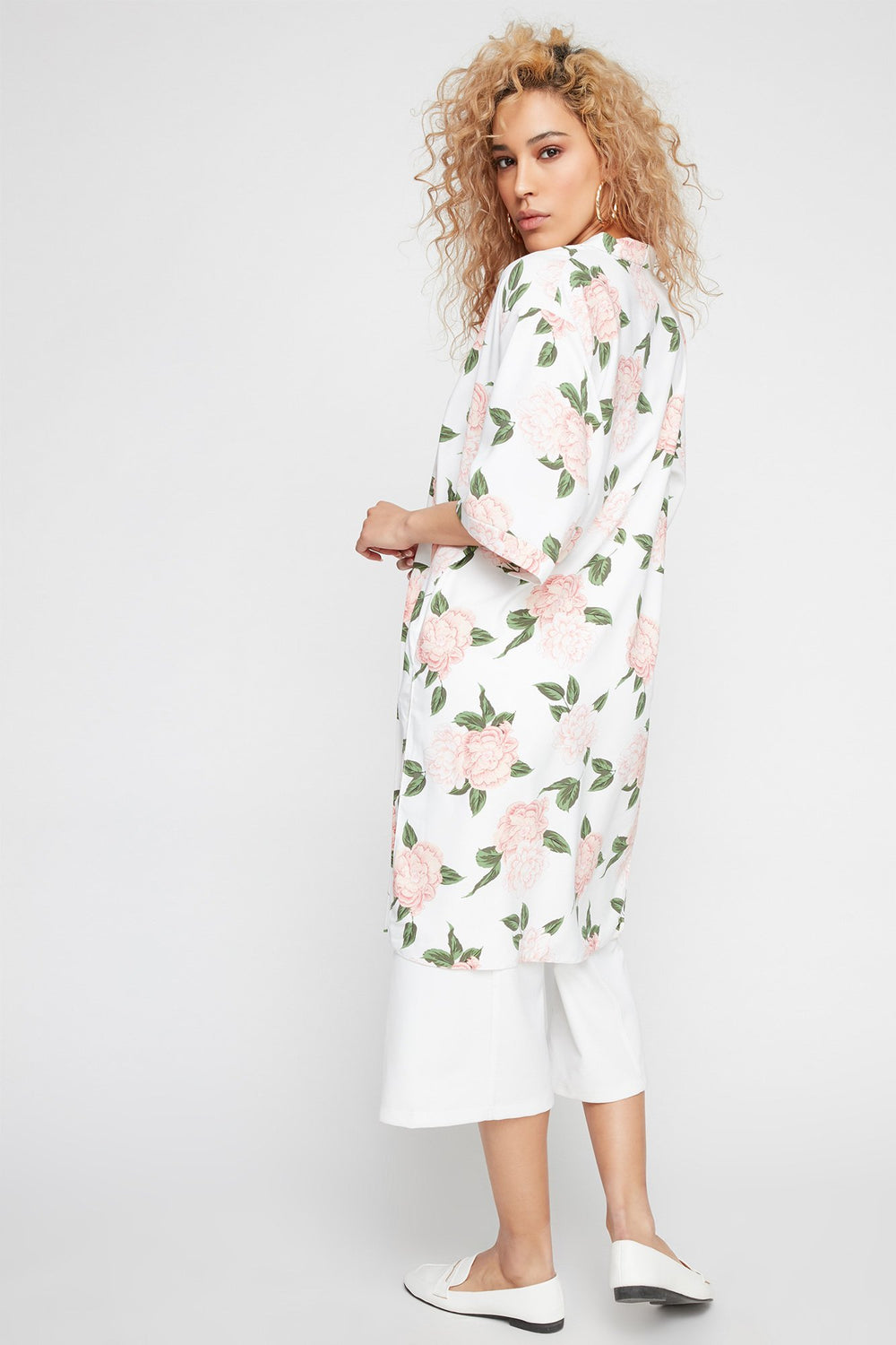 Women Open-Front Printed Side Slit Kimono Cardigan White