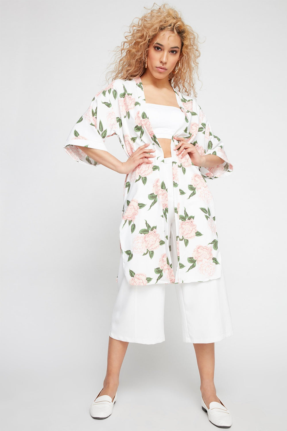 Women Open-Front Printed Side Slit Kimono Cardigan White