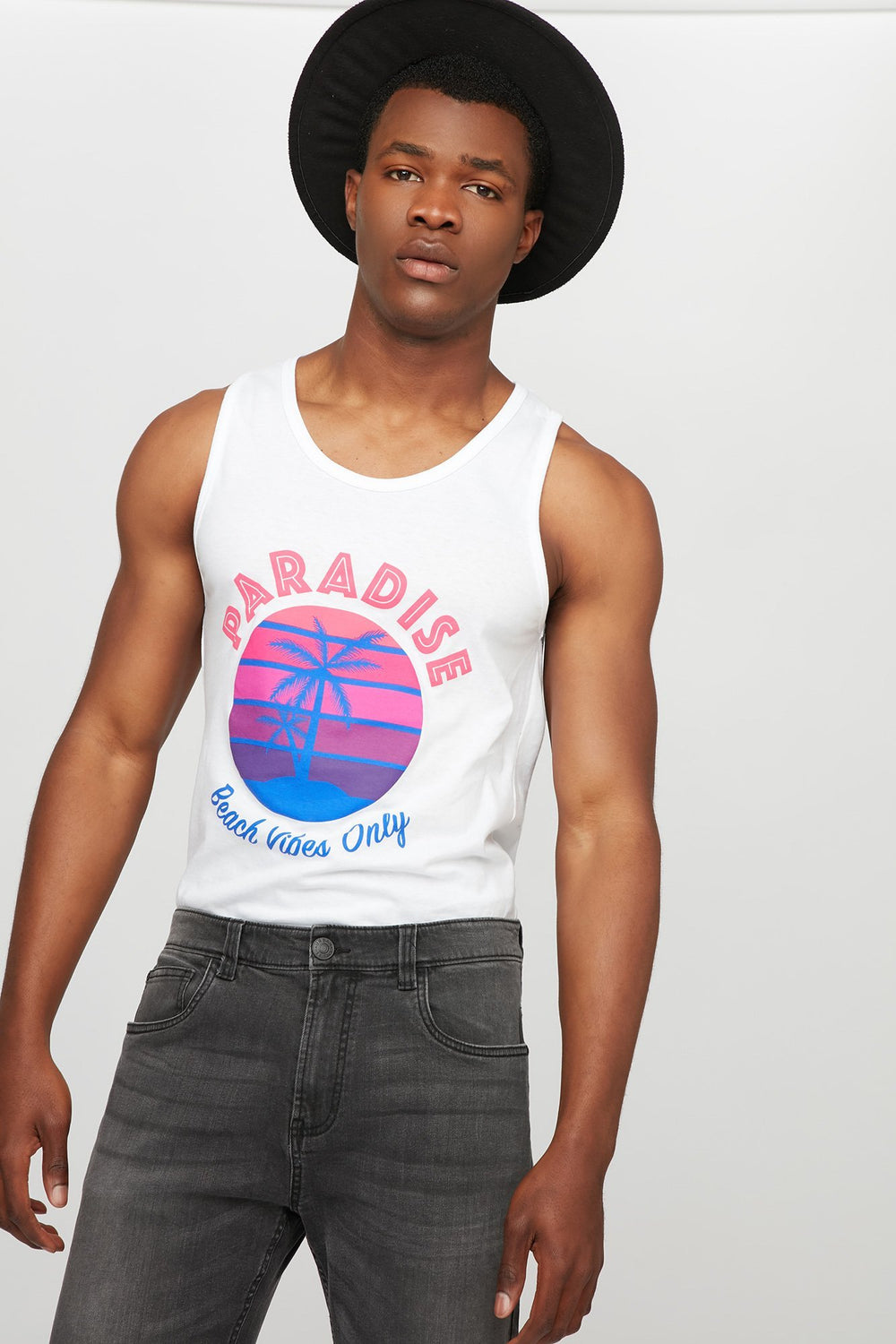 Men Paradise Beach Vibes Only Graphic Tank White