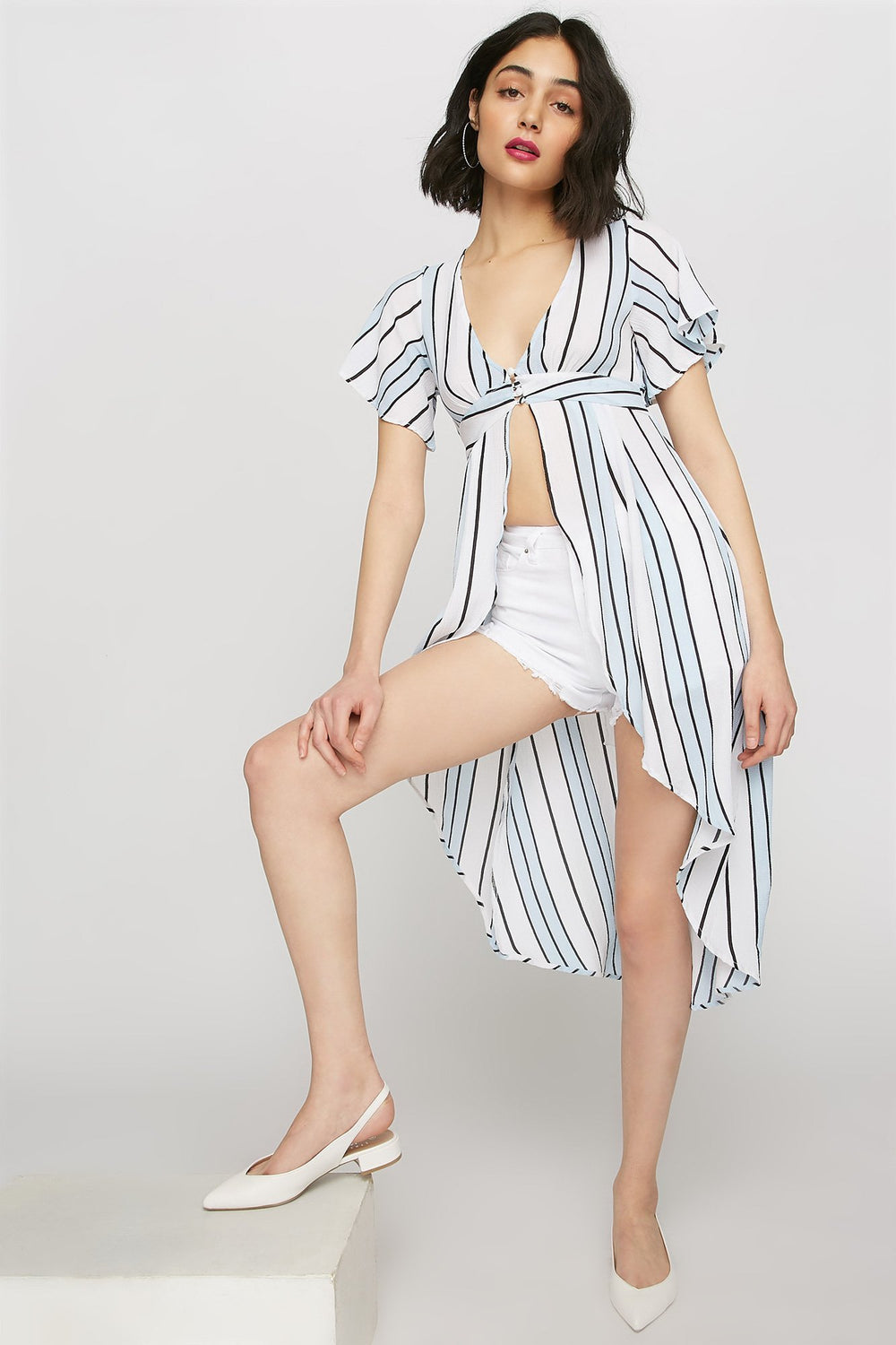 women Printed High-Low Button Front Kimono Cardigan White
