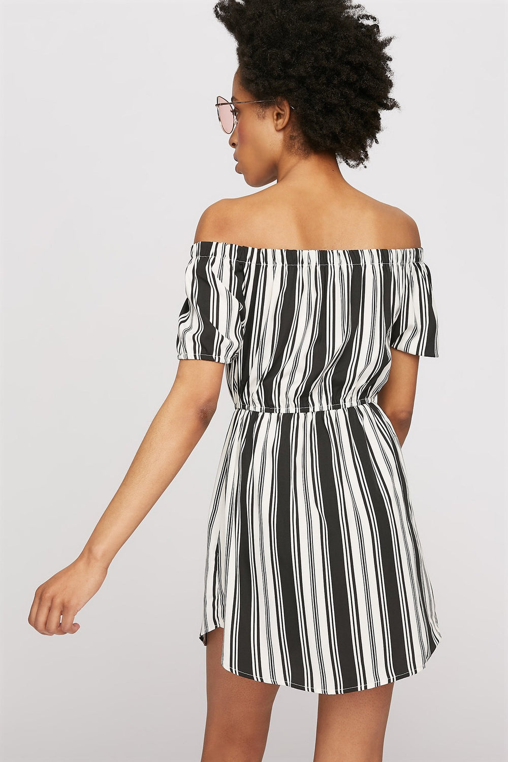 Women Printed Off The Shoulder Button-Up Self-Tie Mini Dress White